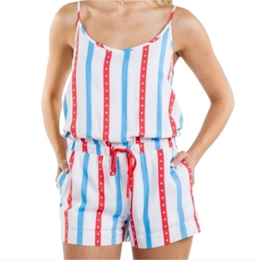 TIPSY ELVES Patriotic Design Red & Blue Stripes Short Romper Size L